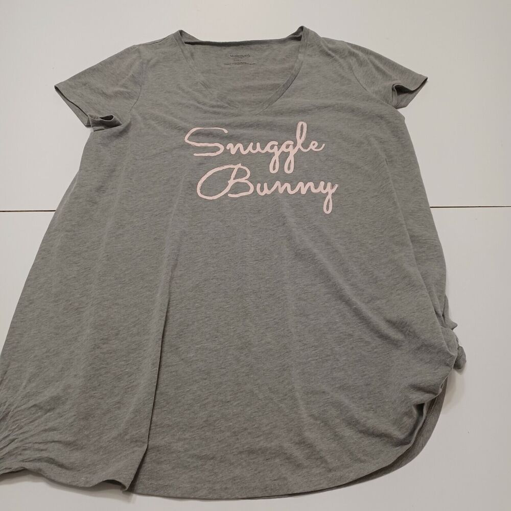 Motherhood Womens Nursing Small T-Shirt Side Slit Grey V Neck Pink Snuggle Bunny